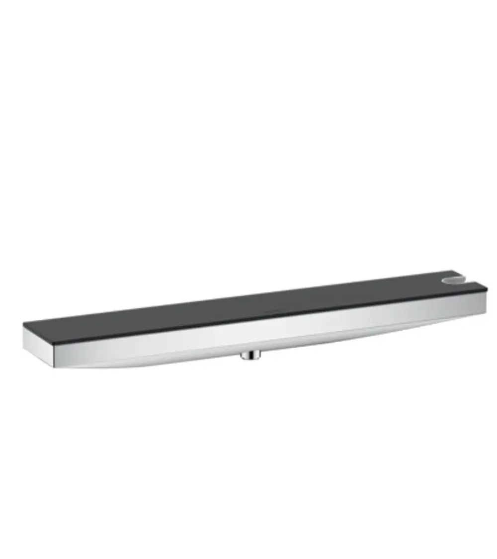 Hängende Duschablage aus Chrom von Hansgrohe mit integrierter Brausehalterung und minimalistischer, flacher Oberfläche in schwarz und silber.